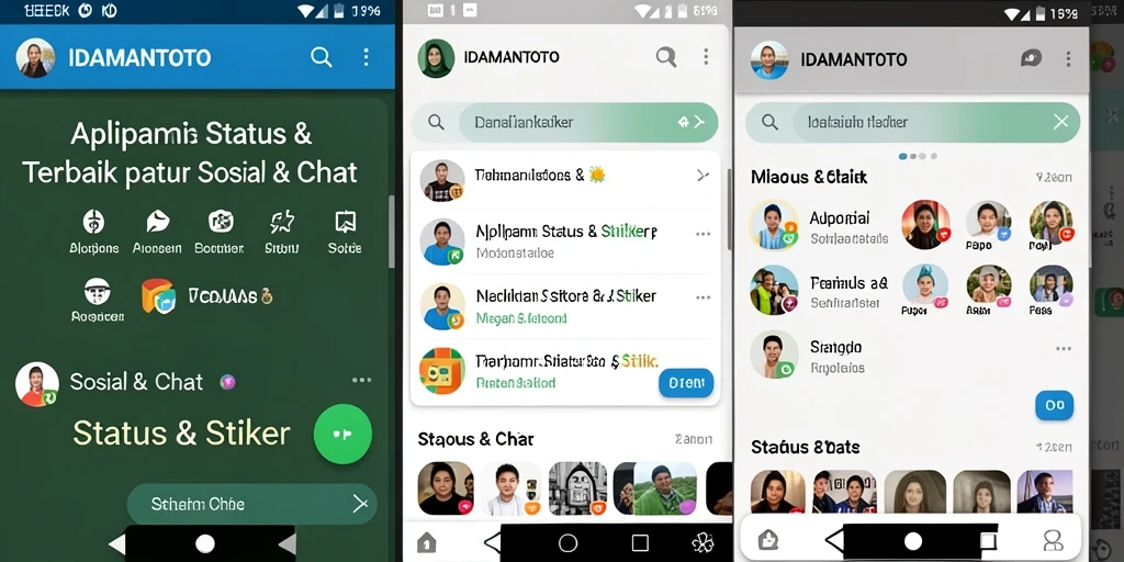 Antarmuka IDAMANTOTO menampilkan stiker dan status terbaru untuk chatting.