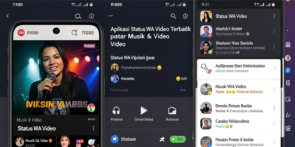 Tampilan aplikasi RI889 dengan video status menarik.