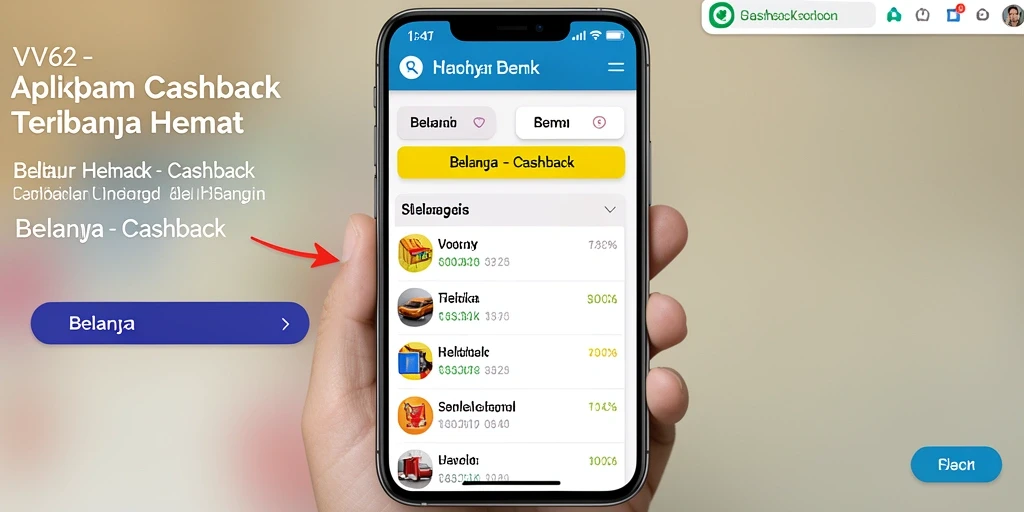 Antarmuka aplikasi VV62 dengan fitur cashback yang menarik.
